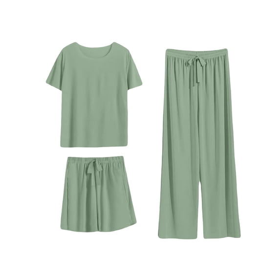 RYRJJ Women's 3 Piece Pajama Sets Short Sleeve Sleepwear Crewneck Top with Shorts and Wide Leg Long Pants Pjs Soft Loungewear
