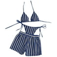 thumbnail image 1 of RYRJJ Women's 3 Pieces Striped Thong Bikini Set Halter Triangle Boho Crochet Hollow Out Bathing Suits with Textured Cover Up Shorts Swimsuit(Dark Blue,M), 1 of 7