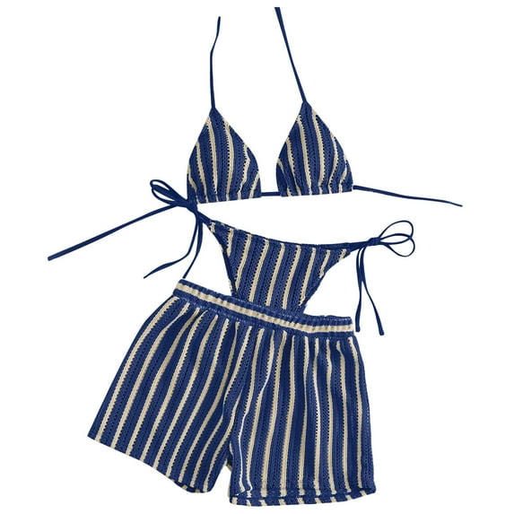 RYRJJ Women's 3 Pieces Striped Thong Bikini Set Halter Triangle Boho Crochet Hollow Out Bathing Suits with Textured Cover Up Shorts Swimsuit(Dark Blue,M)