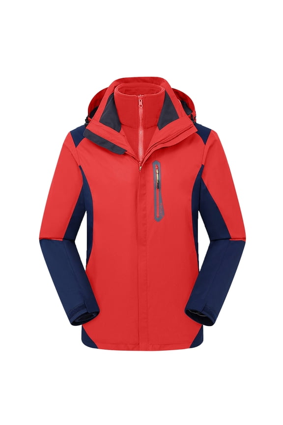 Women's 3 in 1 Winter Windbreaker Ski Jacket Warm Fleece Liner Jacket Waterproof Windproof Snow Coat & Detachable Hood(Red,XXL)