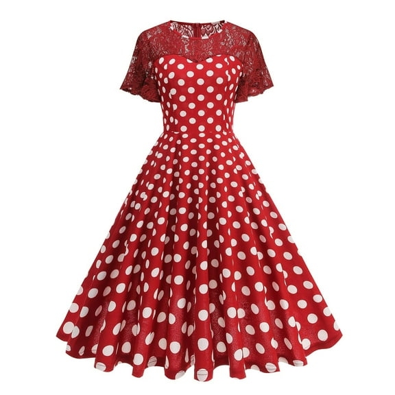 RYRJJ Women's 50s Vintage Rockabilly Dress Floral Lace Retro Short Sleeve Round Neck Cocktail Party Swing Dresses Prom Gowns(Red,M)