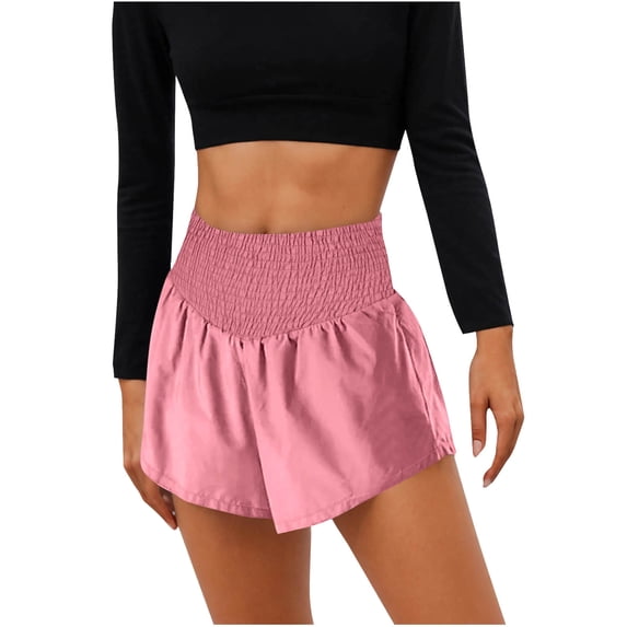 RYRJJ Women's Athletic Shorts Smocked High Waisted Running Yoga Shorts Casual Comfy Sporty Gym Elastic Workout Shorts(Pink,XL)