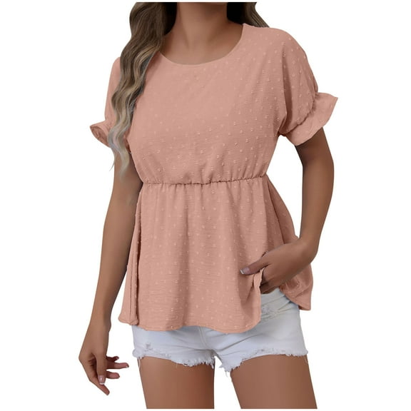 RYRJJ Women's Babydoll Tops Ruffle Short Sleeve T Shirt Summer Pleated Peplum Blouse Loose Fit Tunic Tee(Pink,M)