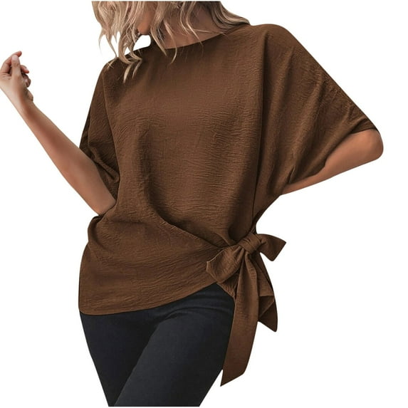 RYRJJ Women's Batwing-Sleeve Summer Tops Trendy Casual Tie Knot Side Round Neck Blouse Shirt Top(Coffee,S)