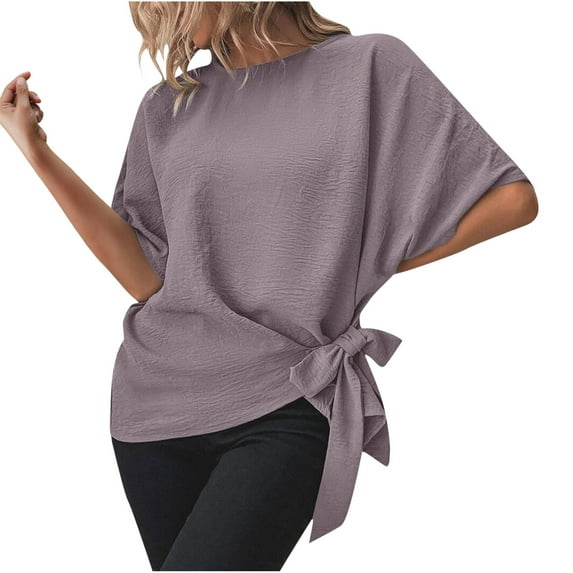RYRJJ Women's Batwing-Sleeve Summer Tops Trendy Casual Tie Knot Side Round Neck Blouse Shirt Top(Purple,L)