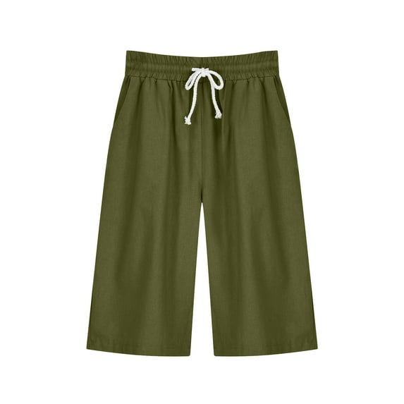 RYRJJ Women's Bermuda Long Shorts with Pockets Drawstring High Waisted Cotton Linecn Shorts Knee Length Shorts for Summer Casual(Army Green,L)