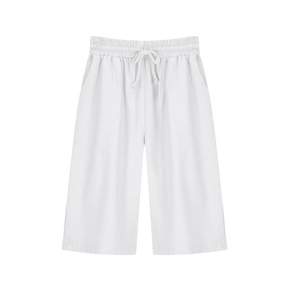 RYRJJ Women's Bermuda Long Shorts with Pockets Drawstring High Waisted Cotton Linecn Shorts Knee Length Shorts for Summer Casual(White,L)