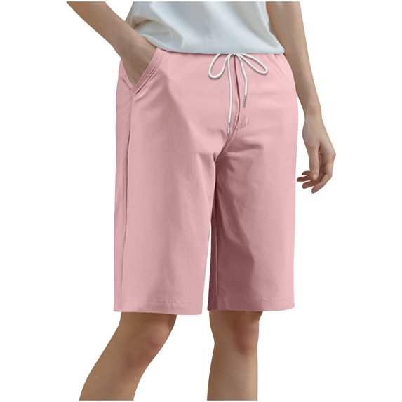 RYRJJ Women's Bermuda Long Shorts with Pockets High Waisted Knee Length Shorts for Women Walking Athletic Workout Yoga(Pink,L)