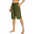 thumbnail image 1 of RYRJJ Women's Bermuda Shorts Wide Leg Cotton Linen Summer Casual Long Shorts Baggy High Waisted Drawstring Short Pants with Pockets(Green,XL), 1 of 6