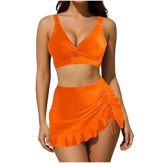 RYRJJ Women's Bikini Sets with Drawstring Swim Skirt Tummy Control Two Piece Bathing Suit Twist Knot Cutout High Waisted Swimwear(Orange,S)