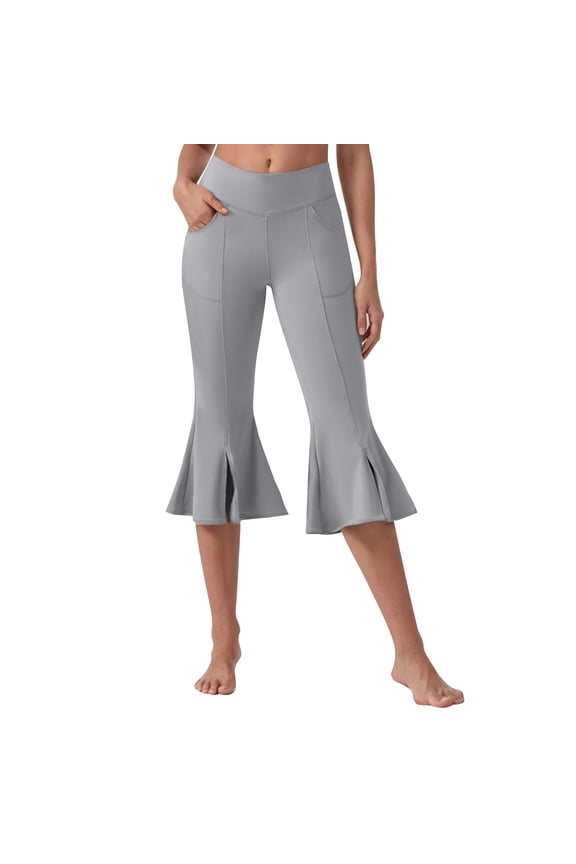 Women's Bootcut Yoga Capri Pants Stretch Causal Athletic Flare Capri Slacks Pull On Ruffle Dance Leggings with Pockets(Gray,S)