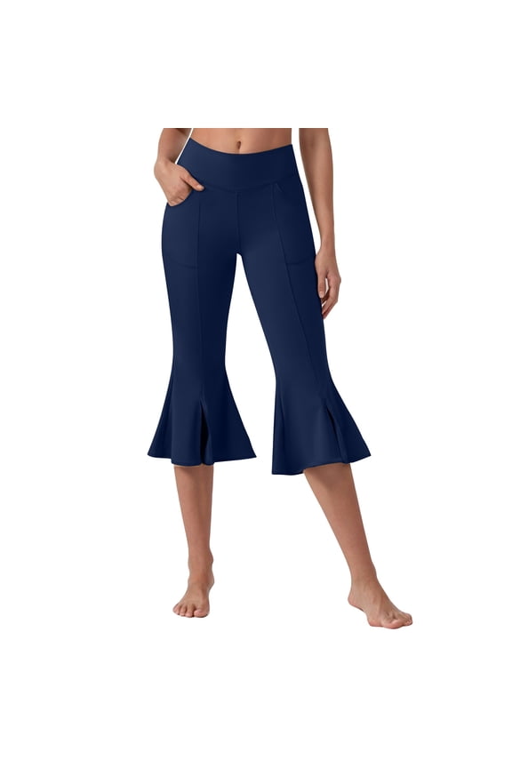 Women's Bootcut Yoga Capri Pants Stretch Causal Athletic Flare Capri Slacks Pull On Ruffle Dance Leggings with Pockets(Navy,L)