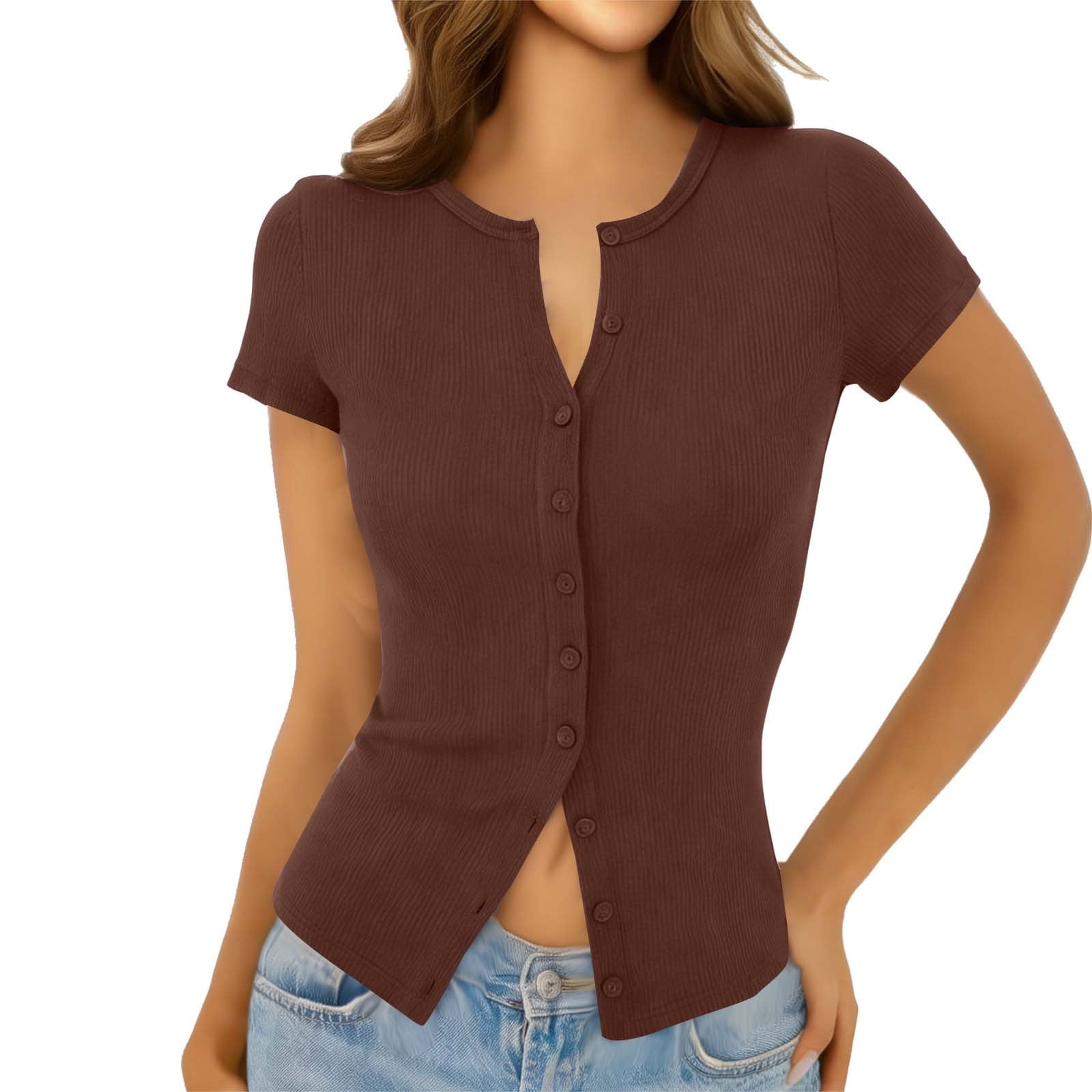 RYRJJ Women's Button Down Shirt Cap Sleeve Tops Ribbed Knit Slim