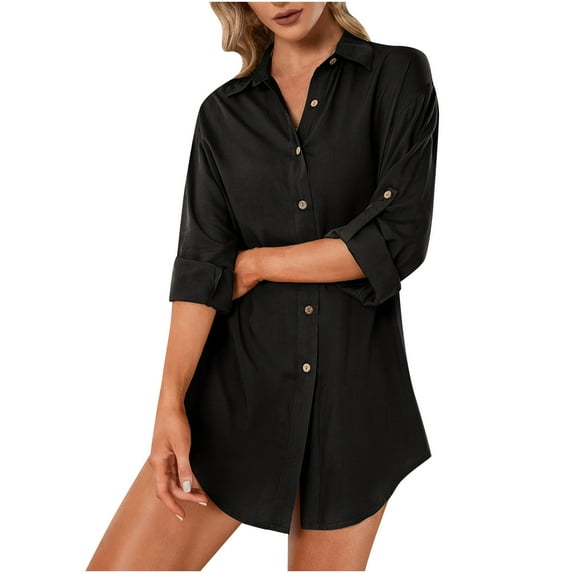 RYRJJ Women's Button Down Shirts Dress with Side Pockets Roll-Up Long Sleeve Swimsuit Cover Ups Shirt Casual Tunic Blouse Top(Black,XL)