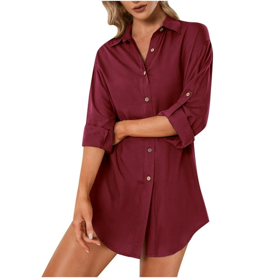 RYRJJ Women's Button Down Shirts Dress with Side Pockets Roll-Up Long Sleeve Swimsuit Cover Ups Shirt Casual Tunic Blouse Top(Wine,XXL)