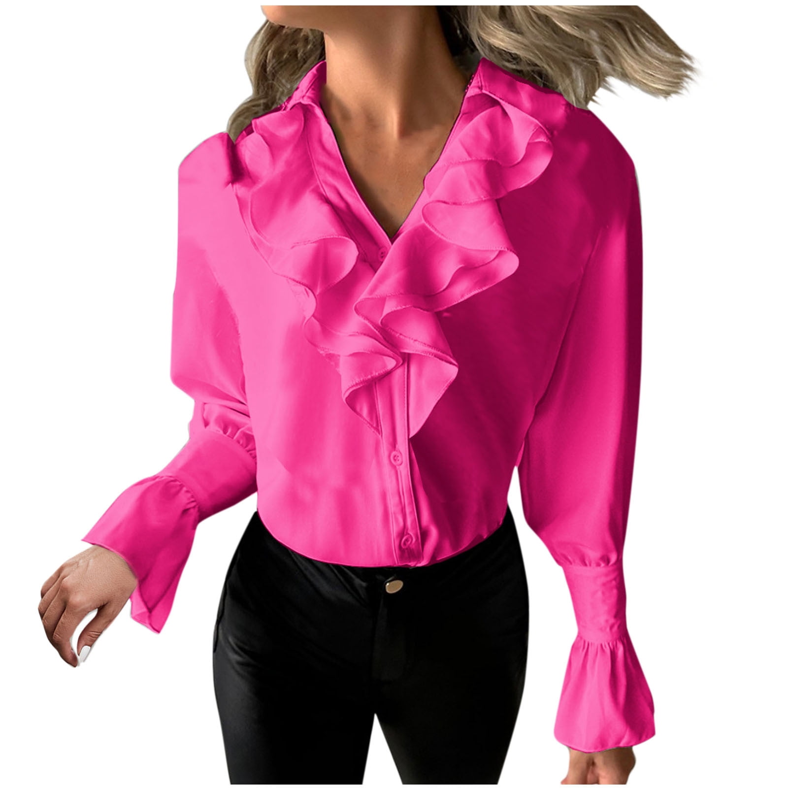 RYRJJ Women's Button Down Shirts Elegant V Neck Ruffle Front