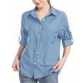 thumbnail image 1 of RYRJJ Women's Button Down Shirts Roll-Up Long Sleeve Dress Shirts Solid Casual Collared Work Office Blouses Tops(Blue,3XL), 1 of 8