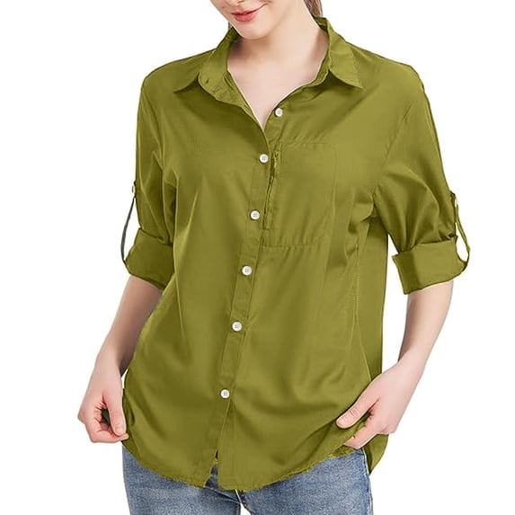 RYRJJ Women's Button Down Shirts Roll-Up Long Sleeve Dress Shirts Solid Casual Collared Work Office Blouses Tops(Green,XXL)