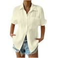 thumbnail image 1 of RYRJJ Women's Button Down Shirts Summer Plus Size Short Sleeve V-Neck Collared Shirt Dressy Casual Pleated Work Blouse Top with Pocket Beige XL, 1 of 6