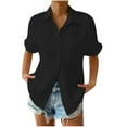 thumbnail image 1 of RYRJJ Women's Button Down Shirts Summer Plus Size Short Sleeve V-Neck Collared Shirt Dressy Casual Pleated Work Blouse Top with Pocket Black L, 1 of 6