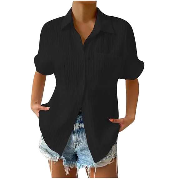 RYRJJ Women's Button Down Shirts Summer Plus Size Short Sleeve V-Neck Collared Shirt Dressy Casual Pleated Work Blouse Top with Pocket Black L