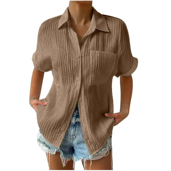 RYRJJ Women's Button Down Shirts Summer Plus Size Short Sleeve V-Neck Collared Shirt Dressy Casual Pleated Work Blouse Top with Pocket Brown XXL