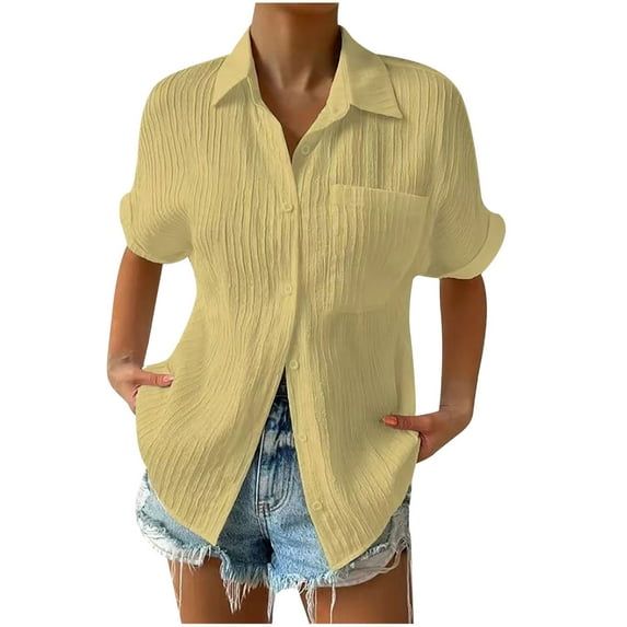 RYRJJ Women's Button Down Shirts Summer Plus Size Short Sleeve V-Neck Collared Shirt Dressy Casual Pleated Work Blouse Top with Pocket Yellow M