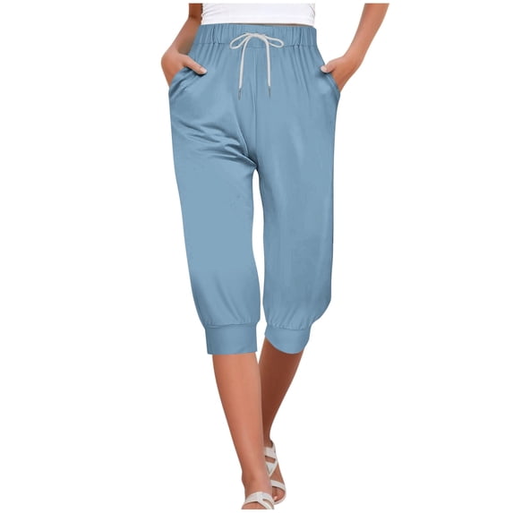 RYRJJ Women's Capri Pants Cropped Joggers Running Yoga Pant with Pockets Elastic Waist Drawstring Lounge Loose Fit Sweatpants(Light Blue,XL)