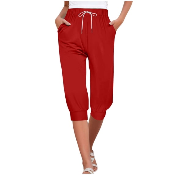 RYRJJ Women's Capri Pants Cropped Joggers Running Yoga Pant with Pockets Elastic Waist Drawstring Lounge Loose Fit Sweatpants(Red,L)