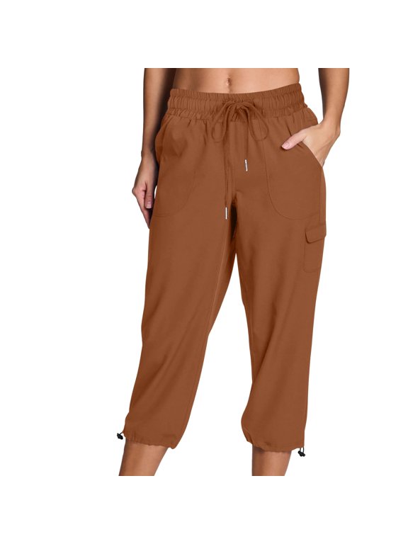 Women's Cargo Capris Hiking Pants Lightweight Quick Dry Outdoor Athletic Travel Casual Loose Comfy Cropped Trousers with Pockets(Coffee,L)