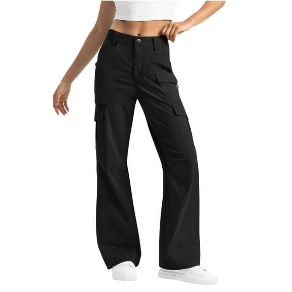 RYRJJ Women's-Cargo-Hiking-Pants-High-Waisted Wide Leg Lightweight Stretch Trousers Multi-Pockets Parachute Pants for Work Casual Outdoor(Black,XL)