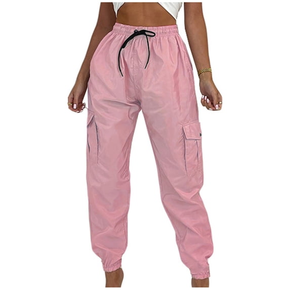 RYRJJ Women's Cargo Pants Casual Outdoor Solid Color Elastic High Waisted Work Trouser Drawstring Baggy Jogger Workout Pants with Pockets Pink M