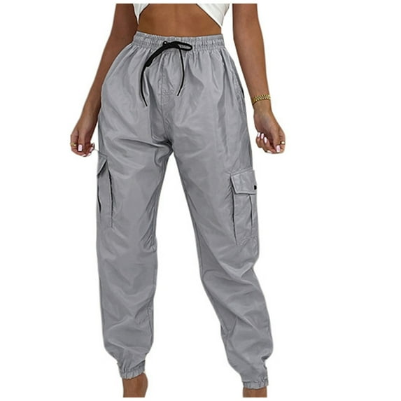 RYRJJ Women's Cargo Pants Casual Outdoor Solid Color Elastic High Waisted Work Trouser Drawstring Baggy Jogger Workout Pants with Pockets Silver S