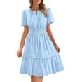 thumbnail image 1 of RYRJJ Women's Casual Dresses Summer Spring V Neck Puff Short Sleeve Sundress Smocked Waist A Line Tiered Mini Dress(Light Blue,L), 1 of 9
