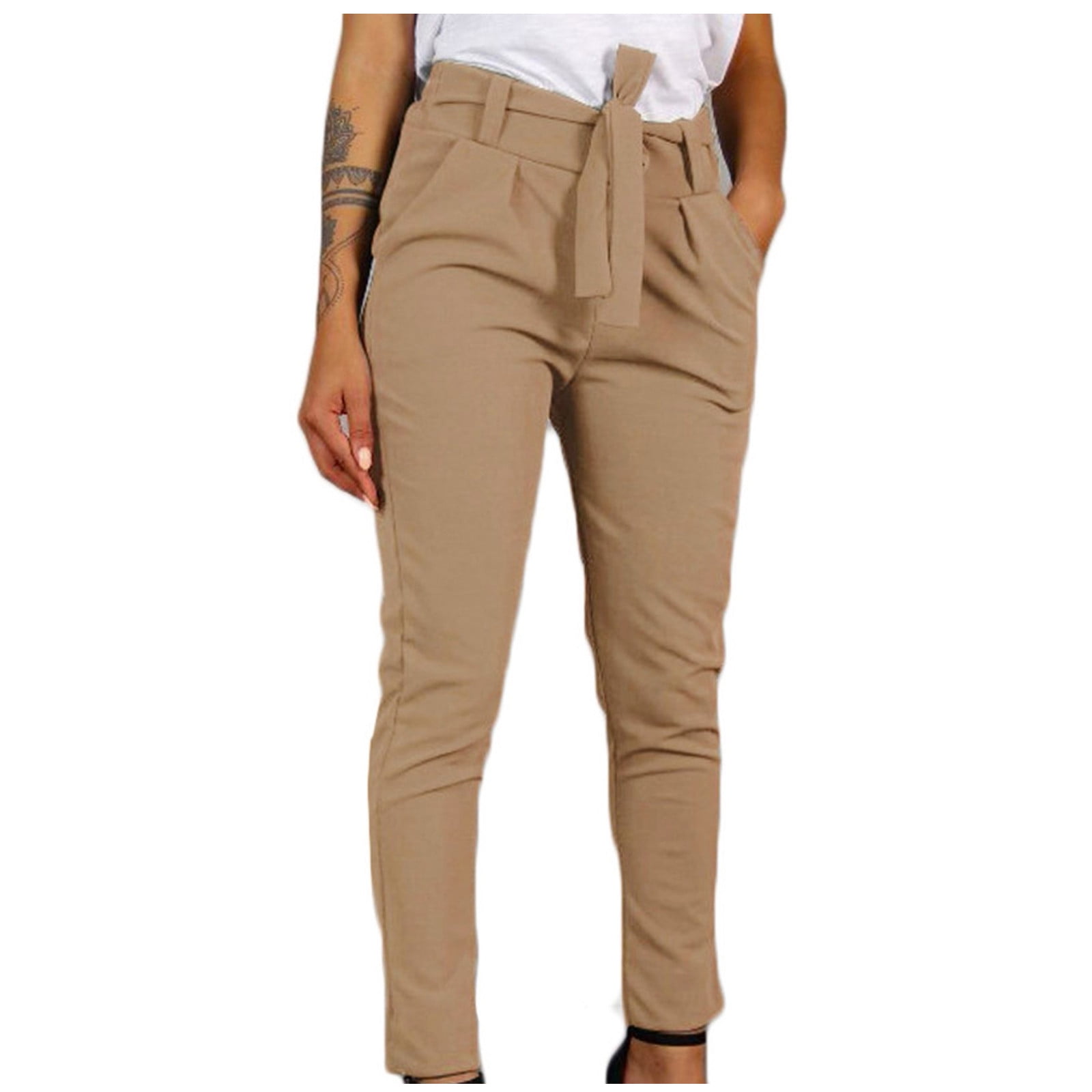 RYRJJ Women s Casual Long Pants High Waist Belted Paper Bag Work
