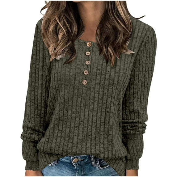 RYRJJ Women's Casual Long Sleeve Shirts Button Crewneck Sweaters Ribbed Knit Plain Tunic Tops Basic Pullover(Army Green,XXL)