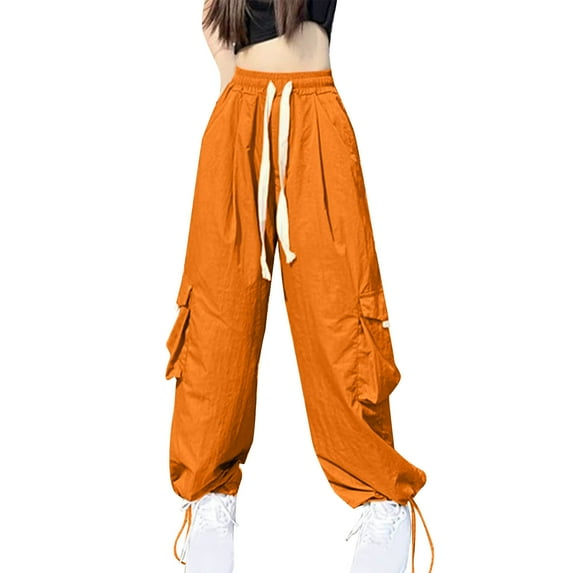 RYRJJ Women's Casual Parachute Pants Baggy Hiking Cargo Pants Drawstring Elastic Waist Y2K Jogger Trousers with Pockets(Orange,XXL)