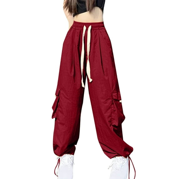 RYRJJ Women's Casual Parachute Pants Baggy Hiking Cargo Pants Drawstring Elastic Waist Y2K Jogger Trousers with Pockets(Wine,L)