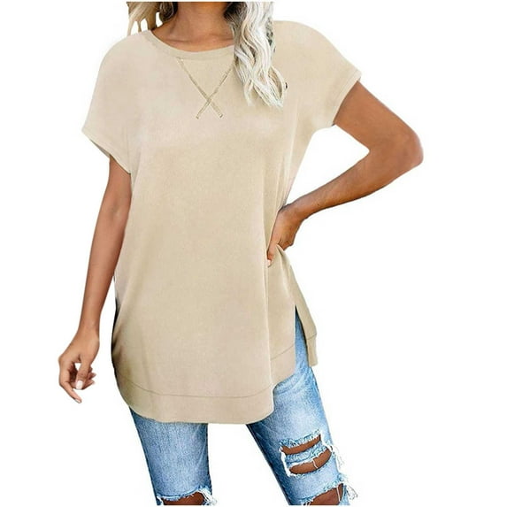 RYRJJ Women's Casual Short Sleeve T Shirts Loose Fit Crewneck Tees Side Split Hem Summer Solid Color Tunic Tops(Khaki,XXL)