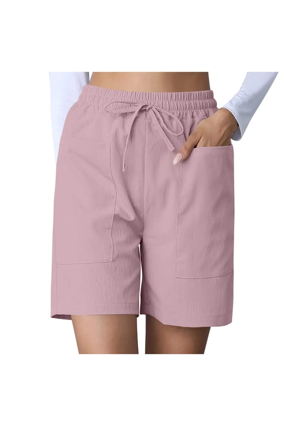 Women's Casual Shorts Drawstring Comfy Elastic Waist Wide Leg Bermuda Shorts Summer Pull-On Short with Pockets(Pink,S)