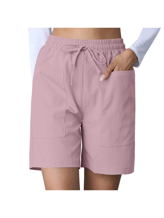 Women's Casual Shorts Drawstring Comfy Elastic Waist Wide Leg Bermuda Shorts Summer Pull-On Short with Pockets(Pink,XL)