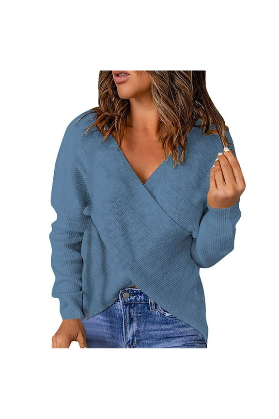 Women's Casual Sweaters Wrap V Neck Criss Cross Backless Long Sleeve Loose Knitted Sweater Pullovers Tops(Blue,S)