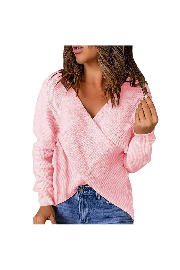 Women's Casual Sweaters Wrap V Neck Criss Cross Backless Long Sleeve Loose Knitted Sweater Pullovers Tops(Pink,XXL)