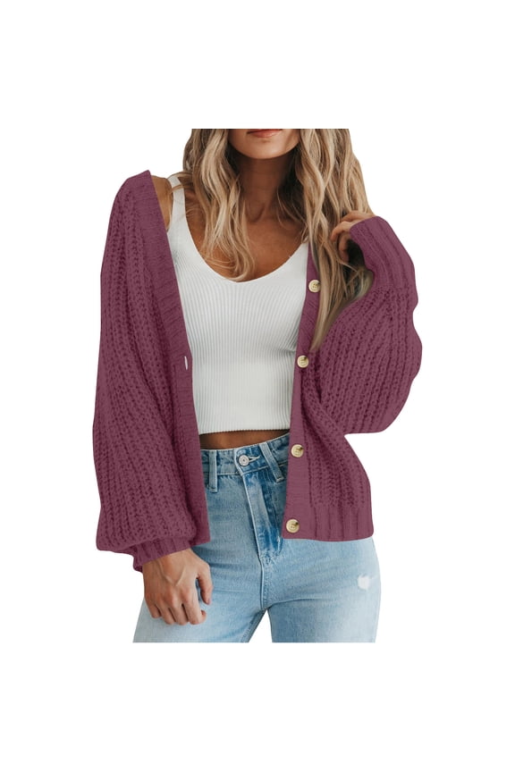 Women's Chunky Knit Open Front Sweater Long Sleeve V Neck Button Loose Short Cardigan Outerwear Coats(Purple,L)