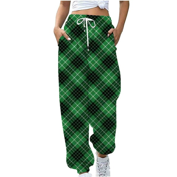 RYRJJ Women's Cinch Bottom Plaid Sweatpants Pockets Drawstring High Waist Sporty Gym Athletic Fit Jogger Pants Lounge Trousers Dark Green XXL