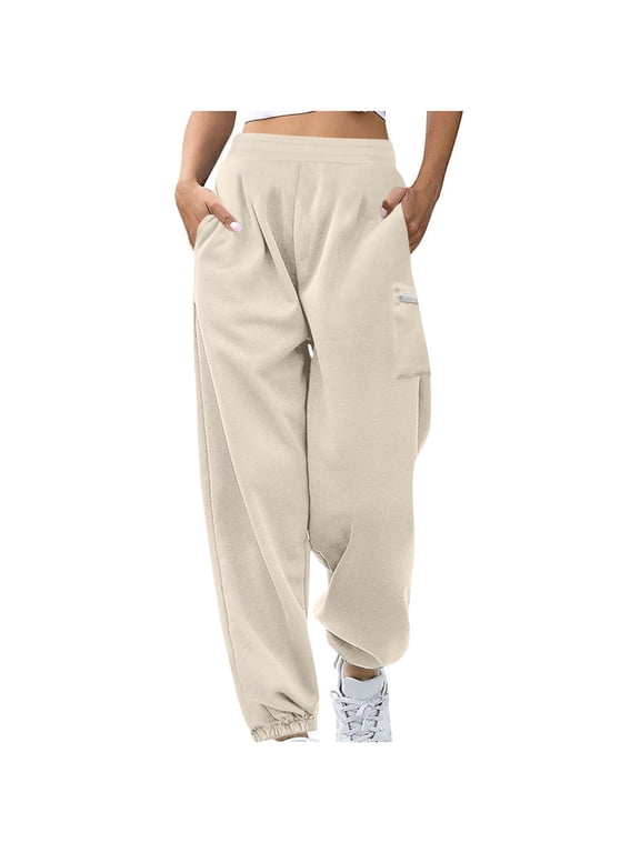 Women's Cinch Bottom Sweatpants Elastic High Waisted Athletic Joggers Lounge Workout Pants with Pockets(Beige,XL)