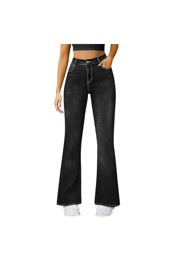 Women's Classic Straight Leg Jeans Stretchy High Waisted Flare Bell Bottom Jeans Trendy Slim Fit Bootcut Denim Pants(Black,S)