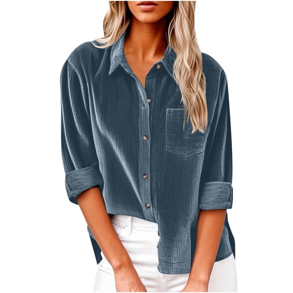 RYRJJ Women's Corduroy Button Down Shirts Dressy Casual Long Sleeve Collared Blouses Fall Trendy Tops with Pocket(Dark Blue,S)