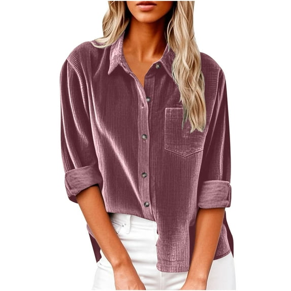 RYRJJ Women's Corduroy Button Down Shirts Dressy Casual Long Sleeve Collared Blouses Fall Trendy Tops with Pocket(Pink,XL)