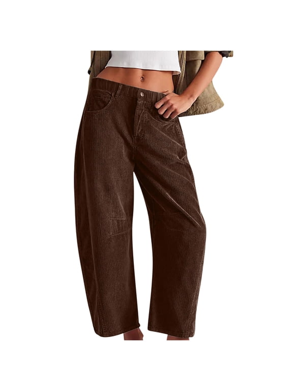 Women's Corduroy Pants Barrel Mid-Rise Elastic Waist Cord Pants Trendy Casual Wide Leg Baggy Trousers with Pockets(Brown,M)